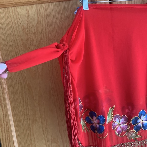 Women’s Red Floral Fringe Wrap Skirt  Swimsuit Cover-Up - Picture 10 of 13